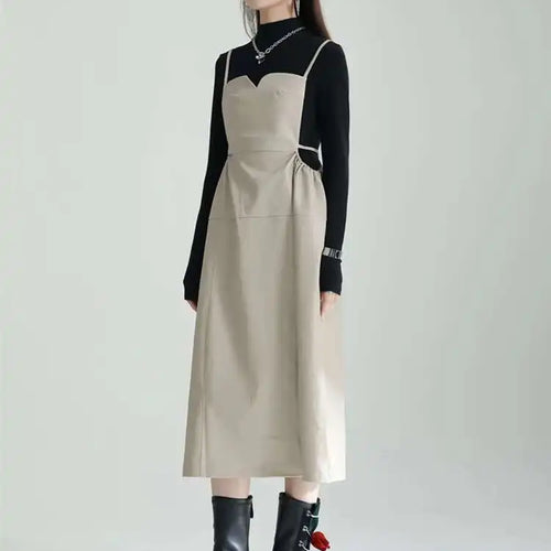 Load image into Gallery viewer, Women Apricot PU Leather Big Size Spaghetti Strap Dress New Square Collar Loose Fit Fashion Spring Autumn 2025 1DF4804
