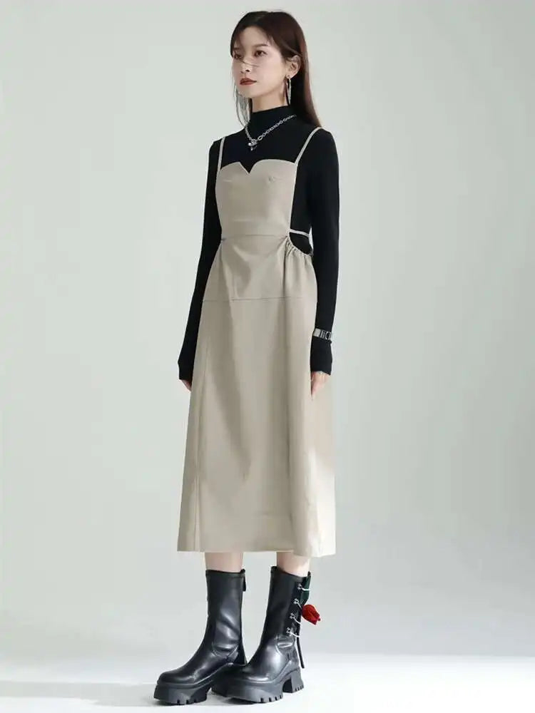 Women Apricot PU Leather Big Size Spaghetti Strap Dress New Square Collar Loose Fit Fashion Spring Autumn 2025 1DF4804