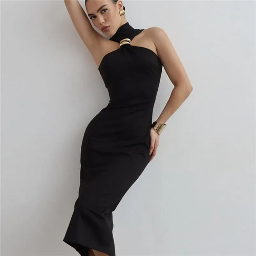 Load image into Gallery viewer, Turtleneck Off-shoulder Sexy Maxi Dress Women Gown Summer New Ring Metal Sleeveless Backless Skinny Knit Long Dress
