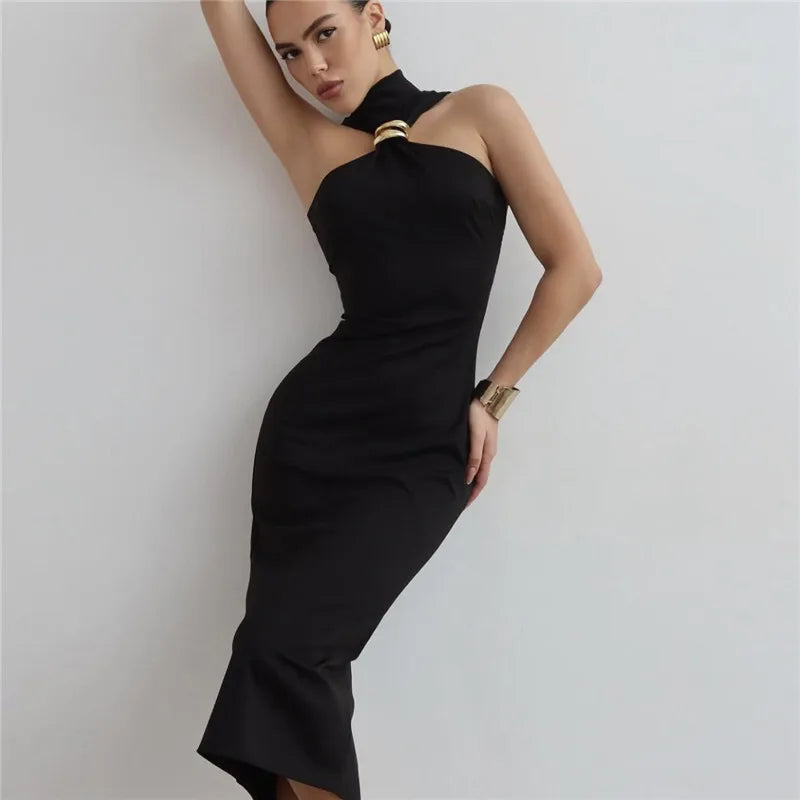 Turtleneck Off-shoulder Sexy Maxi Dress Women Gown Summer New Ring Metal Sleeveless Backless Skinny Knit Long Dress