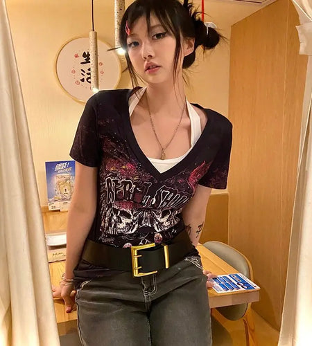 Punk Woman T Shirts 2024 Ropa Mujer Short Sleeve V-neck Tees Fashion Korean Summer Camisetas Print Tunic Sexy Y2k Tshirt 49C336