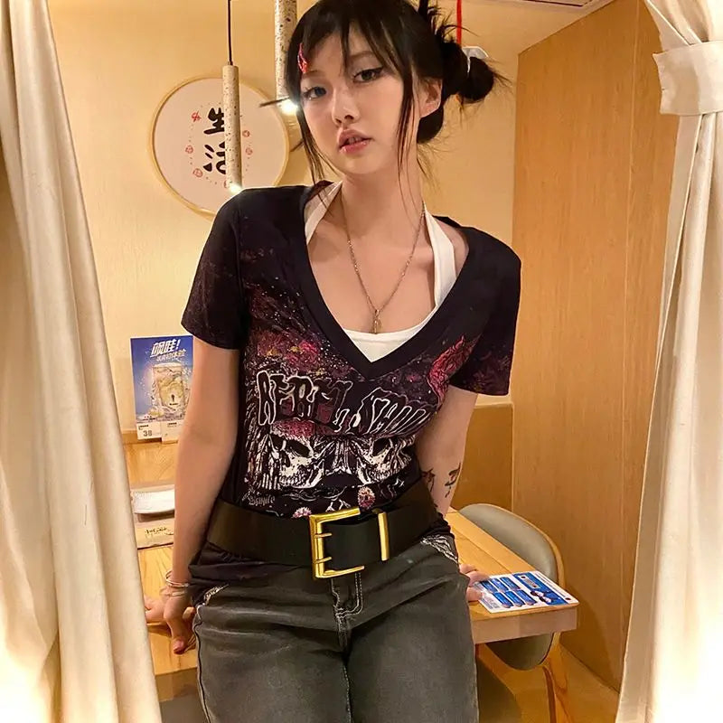 Punk Woman T Shirts 2024 Ropa Mujer Short Sleeve V-neck Tees Fashion Korean Summer Camisetas Print Tunic Sexy Y2k Tshirt 49C336