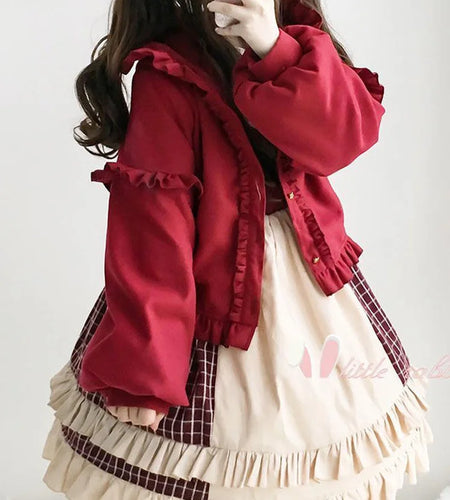 Lolita Cute Jacket Women Japanese Sweet Ruffles Kawaii Coat Tops Thicked Warm Cropped Hooded  2025 Chaqueta Mujer