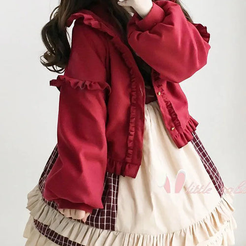Load image into Gallery viewer, Lolita Cute Jacket Women Japanese Sweet Ruffles Kawaii Coat Tops Thicked Warm Cropped Hooded  2025 Chaqueta Mujer
