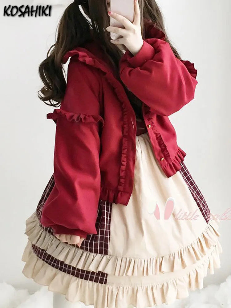 Lolita Cute Jacket Women Japanese Sweet Ruffles Kawaii Coat Tops Thicked Warm Cropped Hooded  2025 Chaqueta Mujer