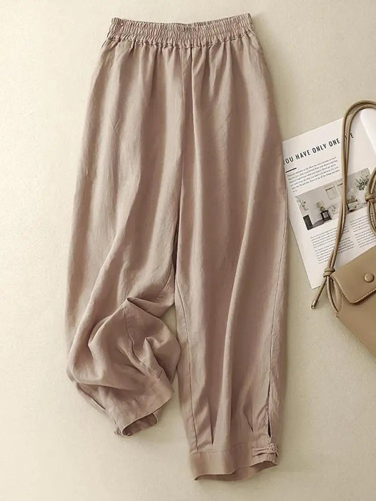 Summer Beige Cotton Straight Wide Leg Ankle-length Lantern Pants Women Pink Green Casual Loose Elastic High Waist Large Size New