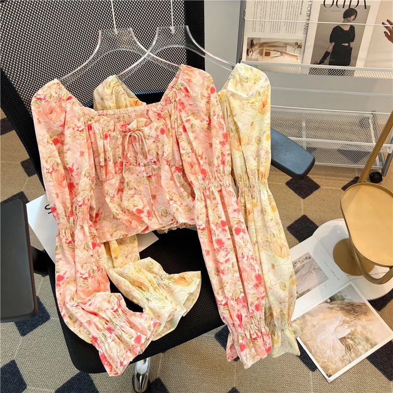 Spring Women Yellow Red Flower Long Sleeve Square Neck Backless Blouse Retro French Ruffle Edge Lace-up Holiday Shirt Short Tops