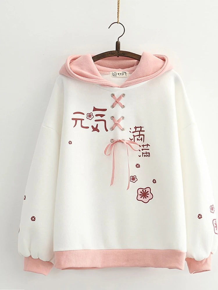 Fleece Thick Women Hooded Sweatshirt Winter Casual Loose Long Sleeve Letter Print Hoodies Female Plus Velvet Pullover