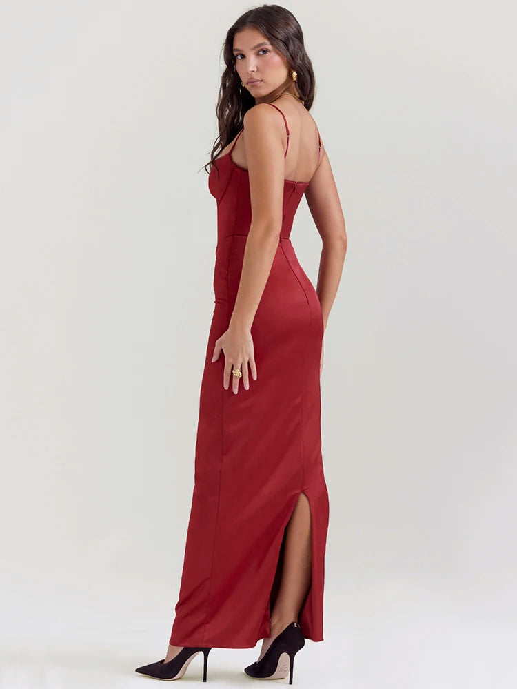 Red Sexy Spaghetti Strap Bodycon Elegant Dress For Women Slim Fit Evening Dress Split Maxi Vesidos Party Club Clothing