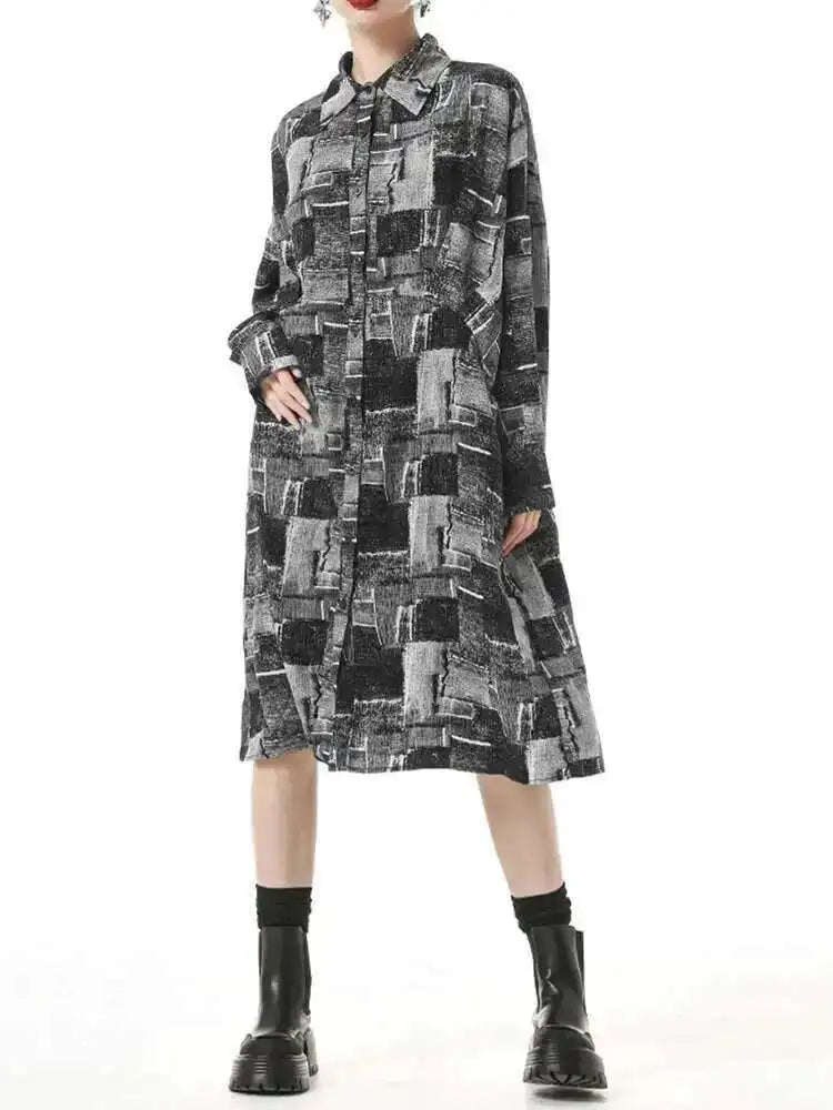 Women Black Pattern Printed Pocket Big Size Midi Shirt Dress New Lapel Long Sleeve Fashion Tide Spring Autumn 2025 1DH4102