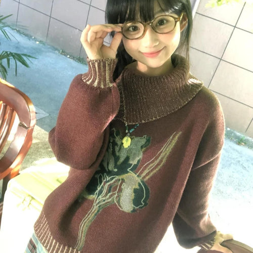 Load image into Gallery viewer, Loose Grunge Cartoon Flower Print Sweaters Y2k Aesthetic Vintage Knitted Pullovers Streetwear Patchwork Harajuku Women's Jumpers
