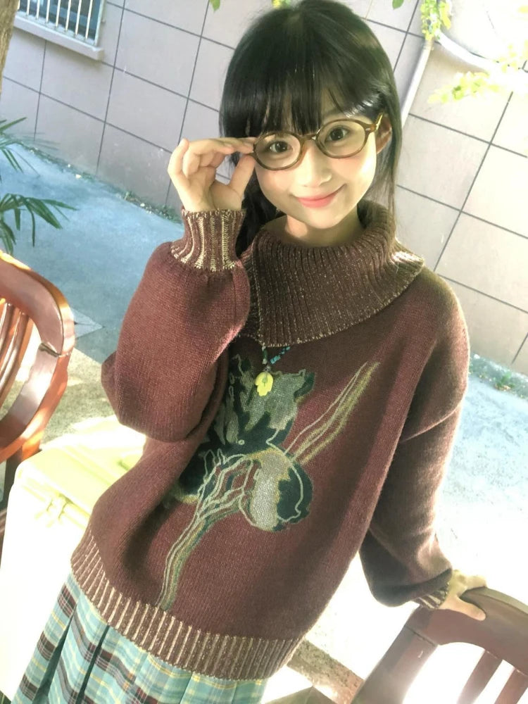 Loose Grunge Cartoon Flower Print Sweaters Y2k Aesthetic Vintage Knitted Pullovers Streetwear Patchwork Harajuku Women's Jumpers