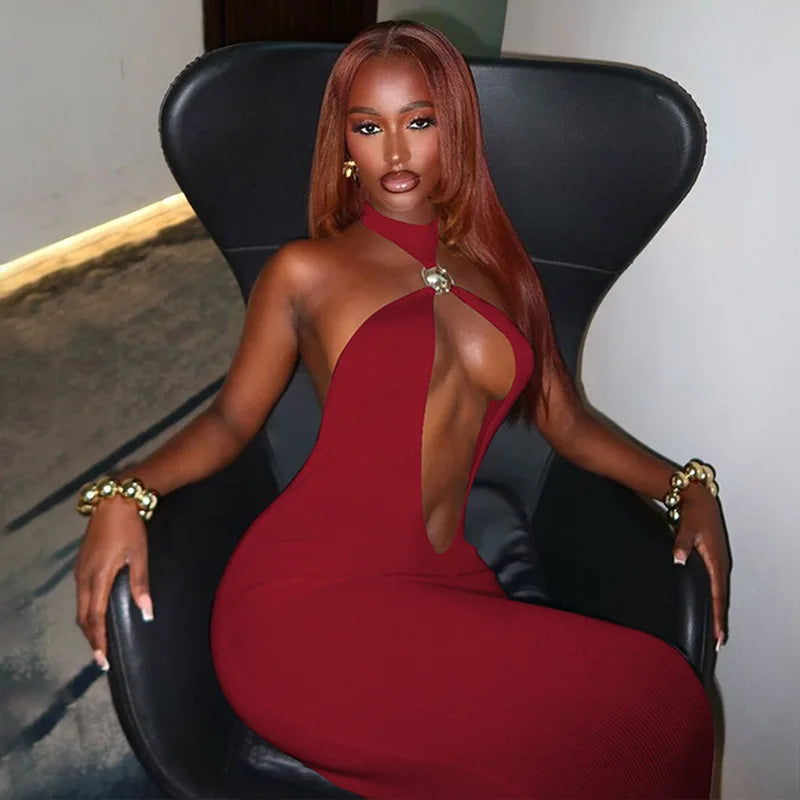 Halter Hollow Out Sexy Maxi Dress For Women Gown Fashion Off-shoulder Sleeveless Backless Bodycon Beach Club Dress