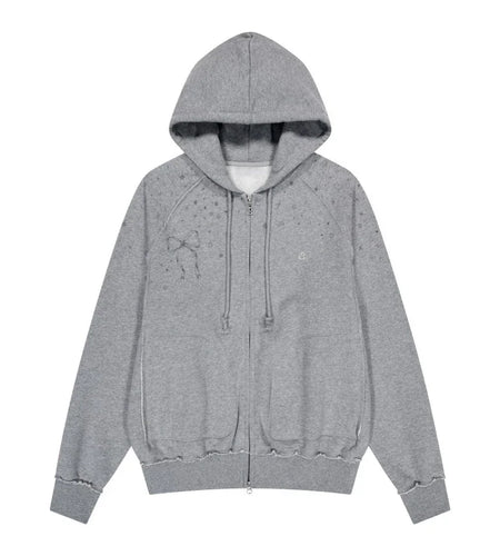 Streetwear Hoodies Coat 2024 Women Clothing Hooded Zipper Bow Print Sweet Jackets Y2k Tops Casual Fashion Sweatshirts Ropa Mujer