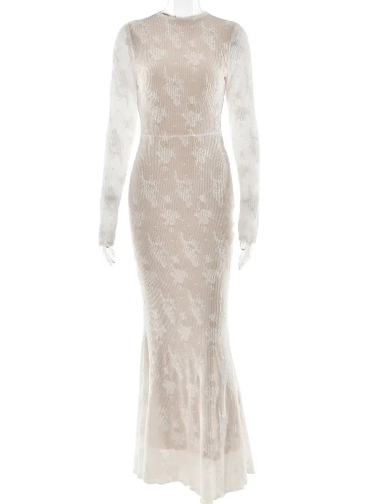 Elegant Lace New Long Sleeve Round Neck Dress Women Sexy Bodycon Tight Vestidos Autumn/Winter Party Club Evening Dress