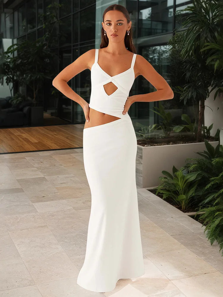Hollow Out Backless Sexy Maxi Dress Women Gown Spaghetti Strap Sleeveless Irregular Slim Club Long Dress 2025 Summer