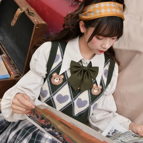 Load image into Gallery viewer, Kawaii Sweater Vest Bear Pri Sleeveless Casual Knitted Argyle Waistcoat 2025 Vintage Y2K Cropped Bandage Vests JK Tops
