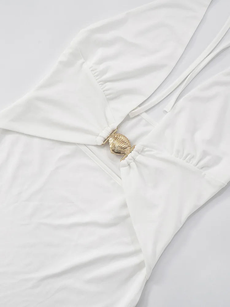 Hollow Out Deep V Neck Sexy Mini Dress Women Summer New Metal Shell Sleeveless Backless Ruffle Club Party Dress 2025