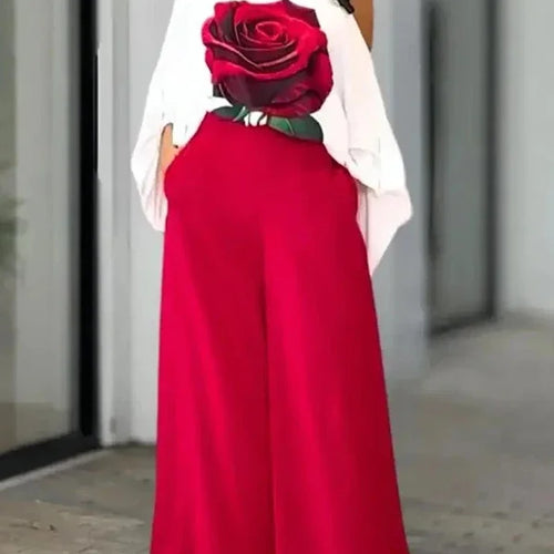 Load image into Gallery viewer, Summer Women 2 Piece Set Outfit Pants Rose Flower Print Blouse Tops Loose Wide Leg Trousers Clothes for Women
