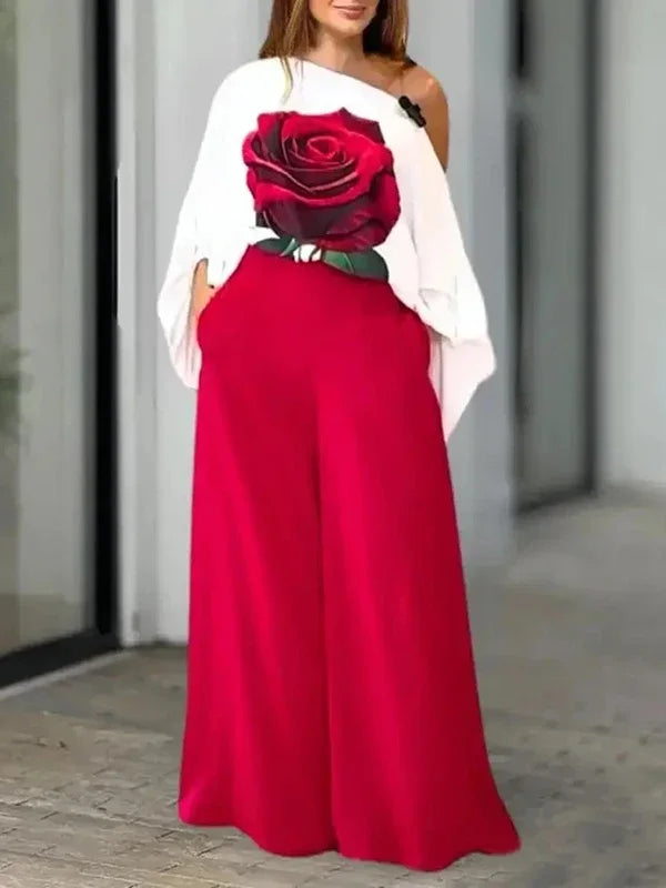 Summer Women 2 Piece Set Outfit Pants Rose Flower Print Blouse Tops Loose Wide Leg Trousers Clothes for Women