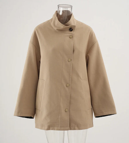 Women Khaki Big Size Casual Trench New Stand Collar Long Sleeve Windbreaker Fashion Tide Spring Autumn 2025 CPG2470