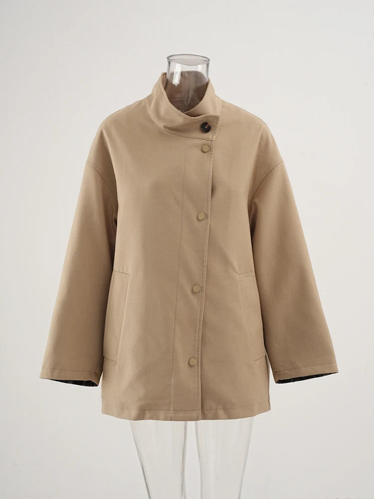 Women Khaki Big Size Casual Trench New Stand Collar Long Sleeve Windbreaker Fashion Tide Spring Autumn 2025 CPG2470