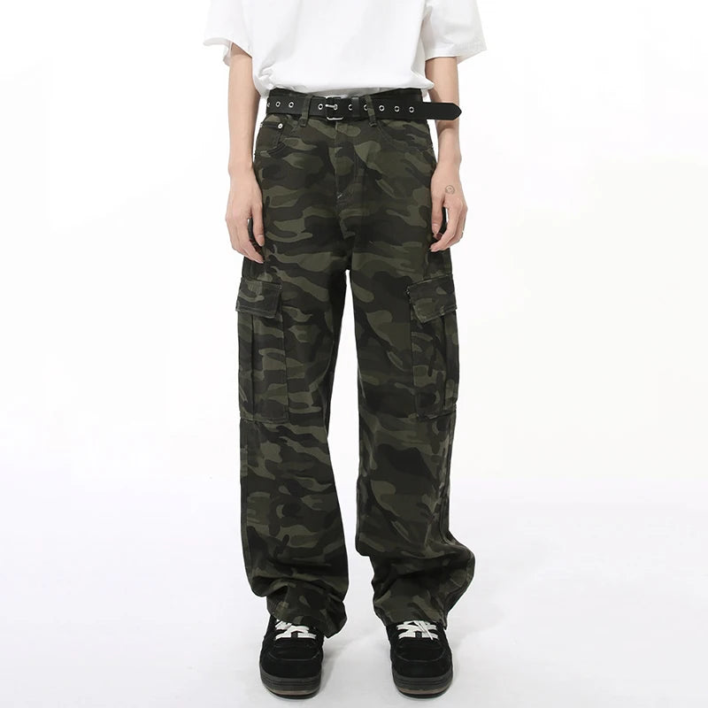 American Syle Men's Denim Pants Camouflage Big Pockets Vasual Washing Trousers Straight Wide Leg Loose Male Jeans 9C7508
