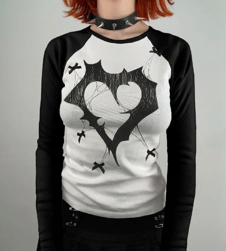 Gothic Bow Printed Graphic T-shirt Women Knitted Harajuku Autumn Tee Shirts Casual Slim Raglan Sleeve Top Pullovers