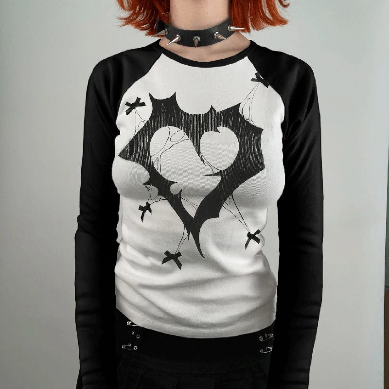 Gothic Bow Printed Graphic T-shirt Women Knitted Harajuku Autumn Tee Shirts Casual Slim Raglan Sleeve Top Pullovers