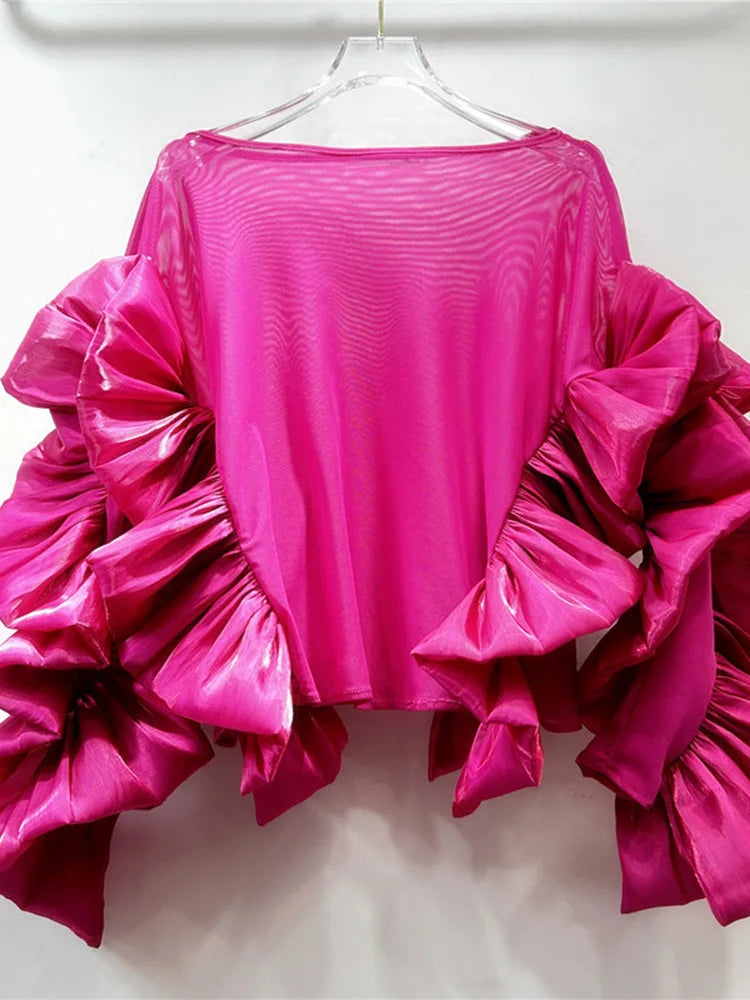 Women White Mesh Perspective Ruffles Big Size T-shirt New Round Neck Long Sleeve Fashion Tide Spring Autumn 2025 1DJ0036