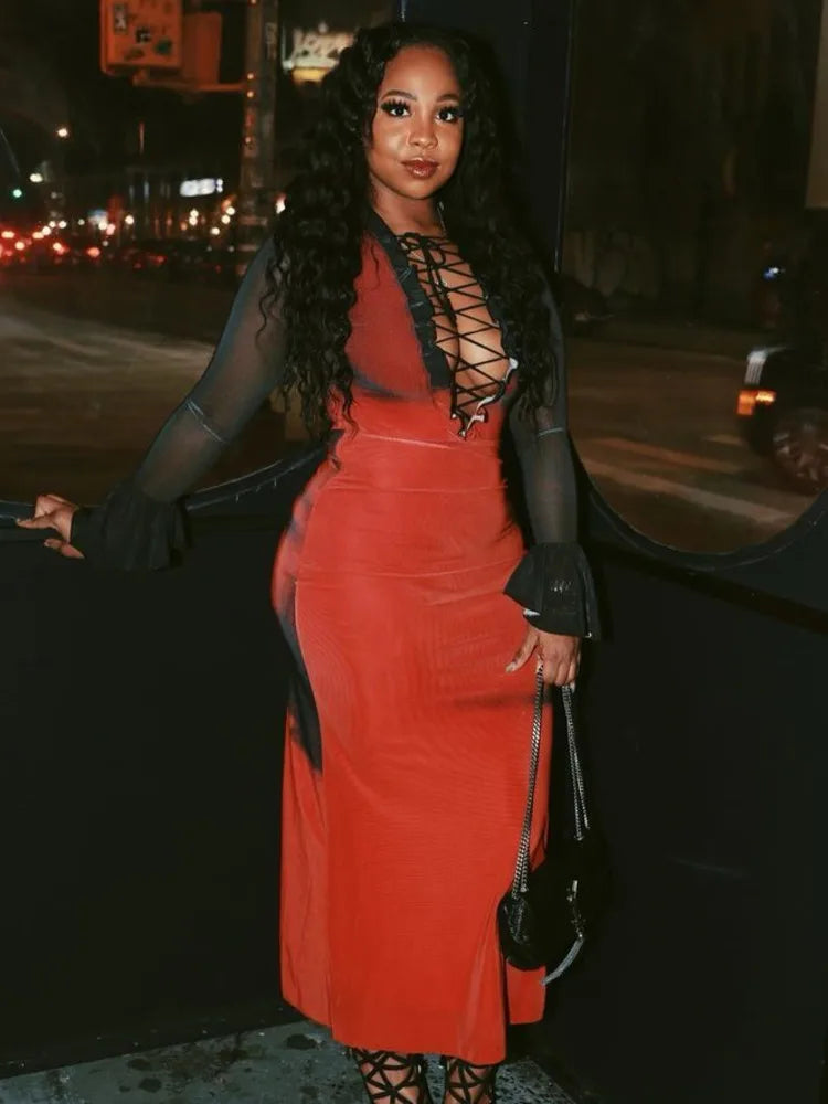 Elegant Long Sleeved Lace Up Elastic Tight Tie Dye Gradient Women Evening Dress Bodycon Sexy Female Dress Party Vestido