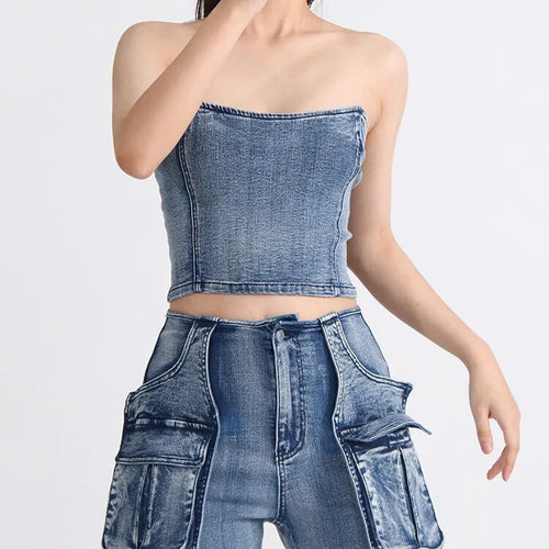 Load image into Gallery viewer, Denim Solid Tank Tops For Women Strapless Sleeveless Slim Backless Spliced Zipper Vest Female Fashion Clothing
