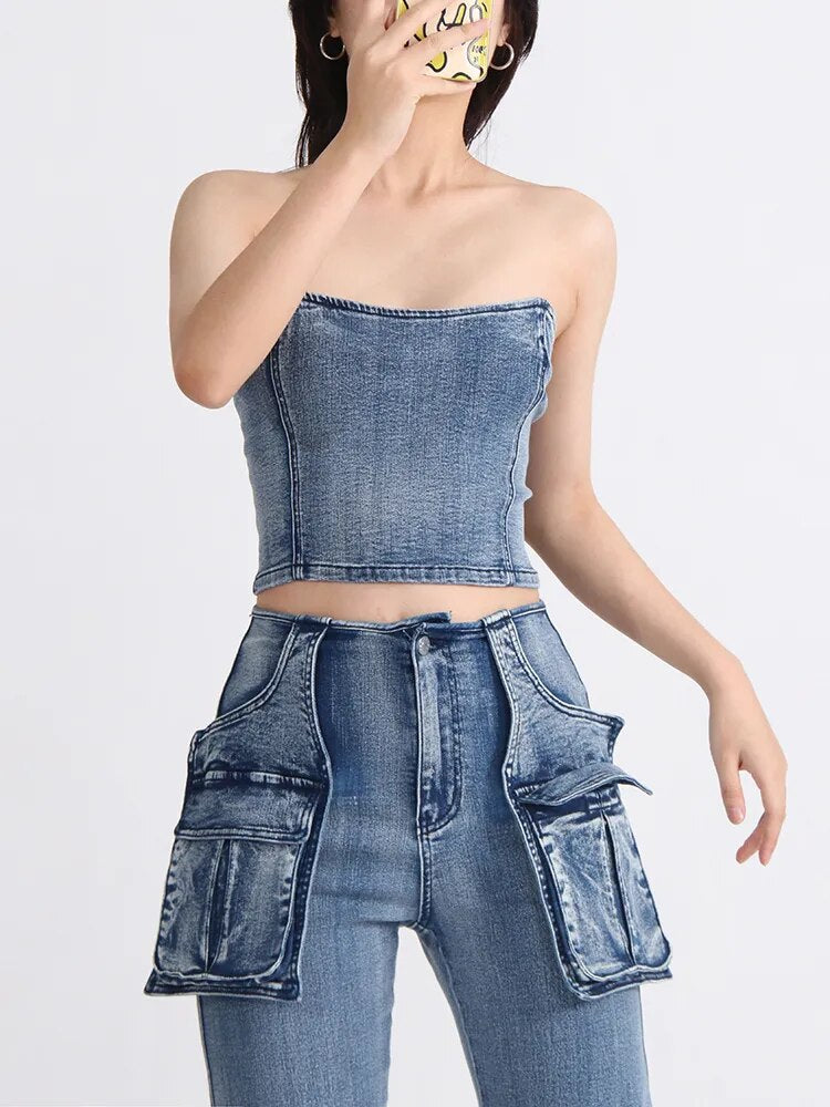 Denim Solid Tank Tops For Women Strapless Sleeveless Slim Backless Spliced Zipper Vest Female Fashion Clothing