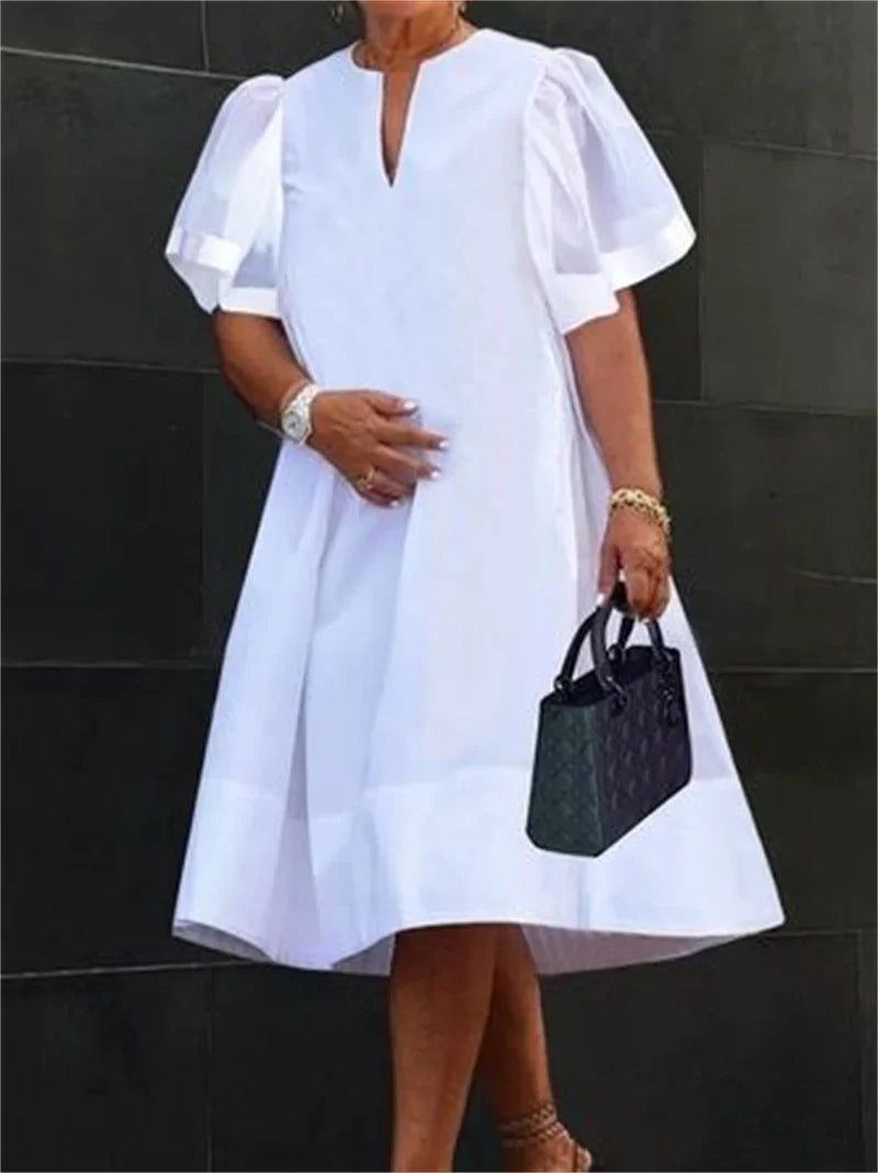 Women Midi Shirts Dress 2025 Summer Short Sleeves Black and White Polka Dot Daily Casual Simple Female A-line Dresses