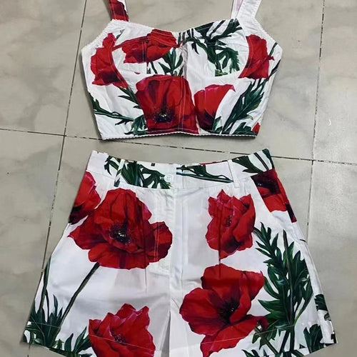 Load image into Gallery viewer, Print Two Piece Sets For Women Square Collar Sleeveless Short Tank Top High Waist Short Pants Casual Set Female Fashion 2023
