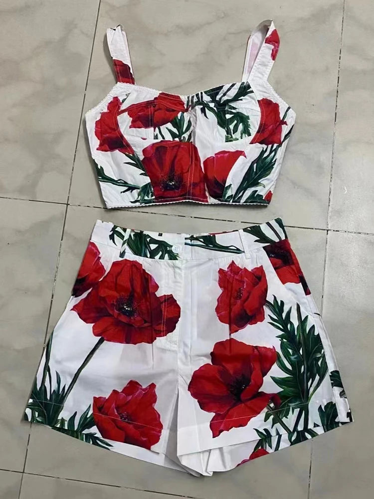 Print Two Piece Sets For Women Square Collar Sleeveless Short Tank Top High Waist Short Pants Casual Set Female Fashion 2023