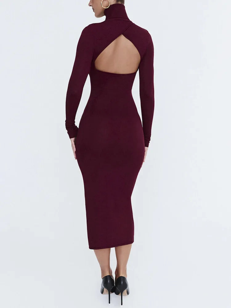 Elegant Long Sleeved Bodycon Hollowed Out Slit Party Evening Dress For Women Sexy Slim Mid Length Dress Spring 2025 New