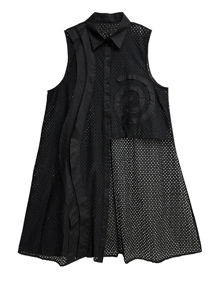 Women White Hollow Out Big Size Long Elegant Shirt Dress New Lapel Sleeveless Fashion Tide Spring Autumn 2025 1DH9424