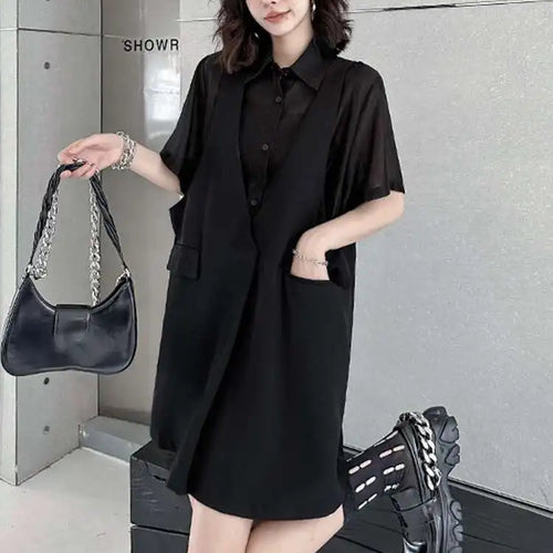 Load image into Gallery viewer, Women Black Pocket Perspective Big Size Mini Shirt Dress New Lapel Half Sleeve Fashion Tide Spring Autumn 2025 1DH5144
