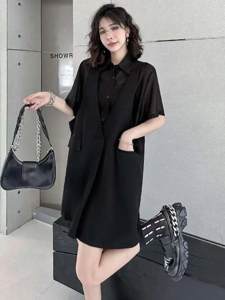 Women Black Pocket Perspective Big Size Mini Shirt Dress New Lapel Half Sleeve Fashion Tide Spring Autumn 2025 1DH5144