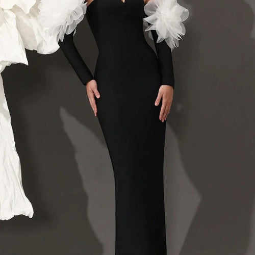 Load image into Gallery viewer, Solid Spliced Mesh Slimming Dresses For Women Slash Neck Long Sleeve High Waist Temperament Dress Female Fahion New
