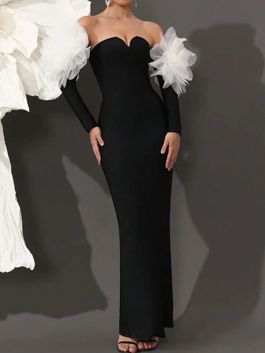 Solid Spliced Mesh Slimming Dresses For Women Slash Neck Long Sleeve High Waist Temperament Dress Female Fahion New