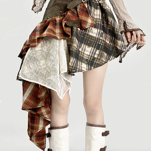 Load image into Gallery viewer, Hit Color Designer Loose Mini Skirts For Women High Waist Temperament Check Spliced Belt Skirt Female Fashion New
