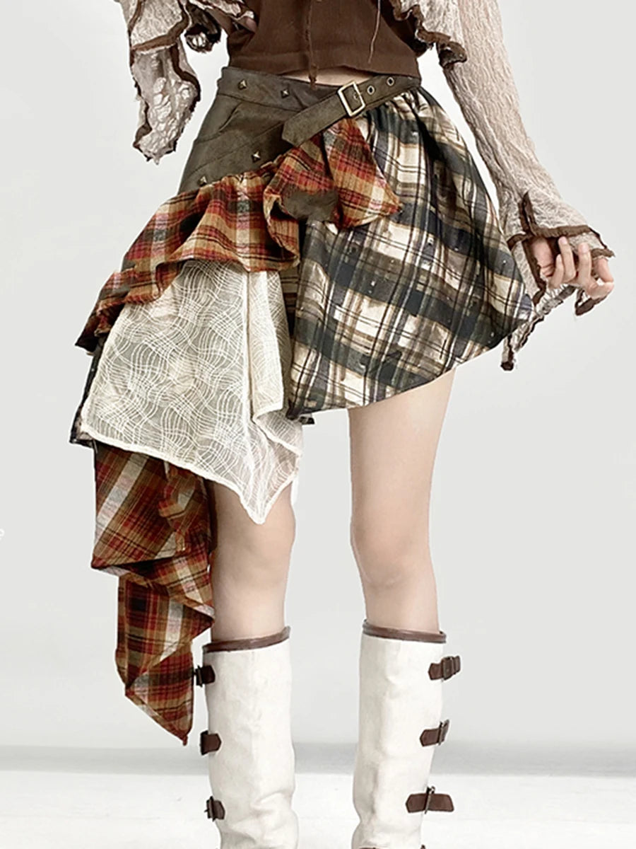 Hit Color Designer Loose Mini Skirts For Women High Waist Temperament Check Spliced Belt Skirt Female Fashion New