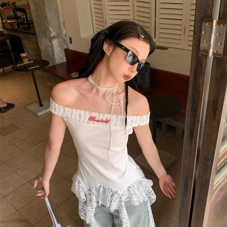 Slash Neck Fairy Grunge Tops Vintage Harajuku Irregular Patchwork Lace T-shirt Women Y2k Aesthetics Sexy Letter Embroidery Tees