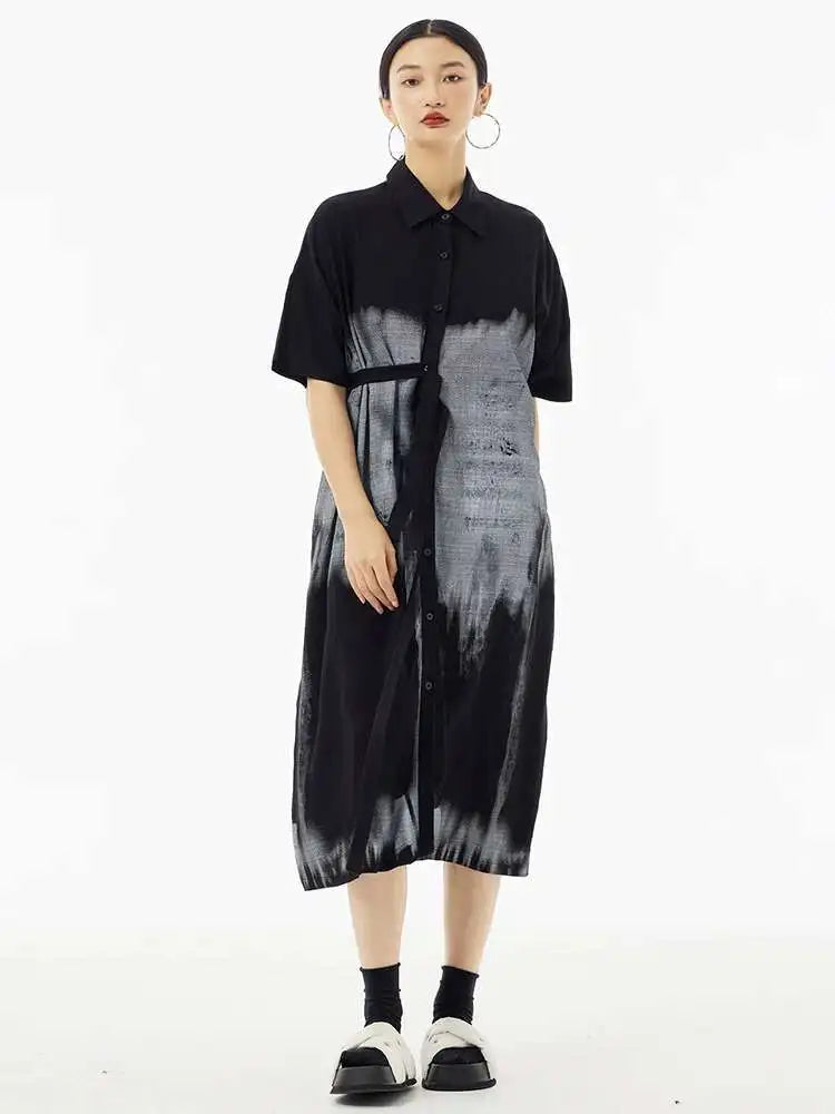 Women Green Pattern Printed Belted Big Size Shirt Dress New Lapel Short Sleeve Fashion Tide Spring Summer 2025  1DH5759