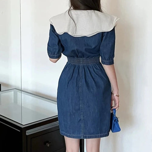 Load image into Gallery viewer, Spell Color Ruffles Denim Female Dresses Summer Double Breasted V-neck Short Sleeve Fashion Elegant Streetwear Outfits
