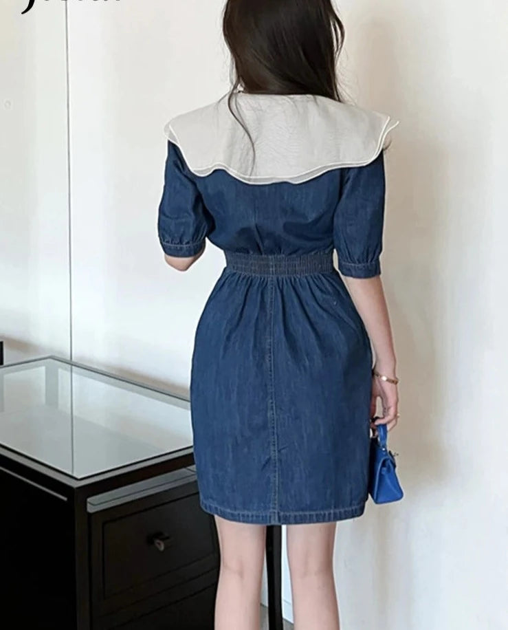 Spell Color Ruffles Denim Female Dresses Summer Double Breasted V-neck Short Sleeve Fashion Elegant Streetwear Outfits