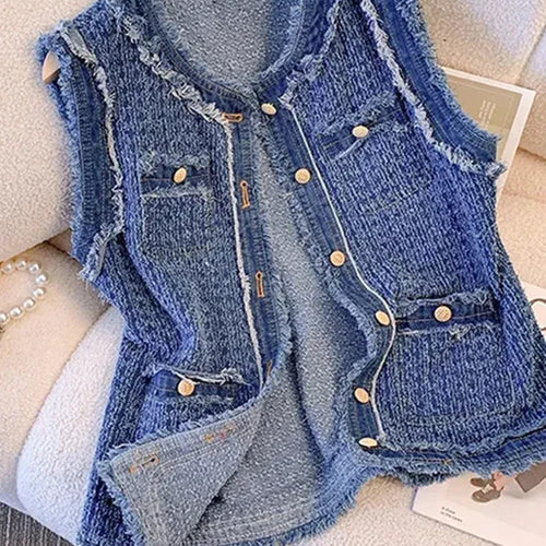 Load image into Gallery viewer, Spring Autumn Blue Plaid Denim Women&#39;s Vest with Tassel Elegant Fashion Women Single Breasted Flow Sleeveless Tank Top Coat
