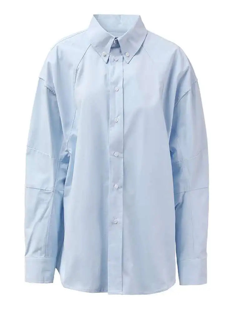 Women Blue Button Shaped Big Size Casual Blouse New Lapel Long Sleeve Shirt Fashion Tide Spring Autumn 2025 CPG1455